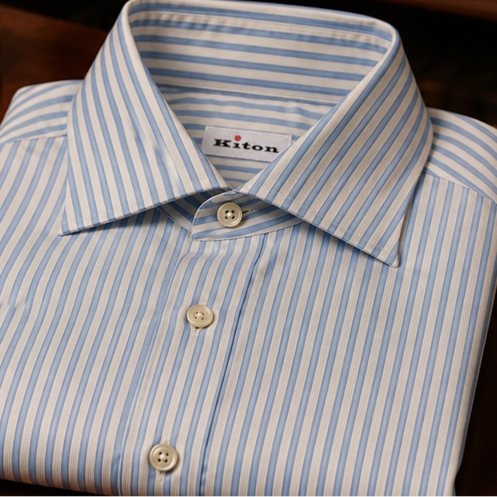 Kiton Light Blue and White Stripe Cotton Dress Shirt